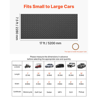 Ρολό δαπέδου γκαράζ VEVOR, Πατάκι δαπέδου γκαράζ 2,28 x 5,2 m, Προστατευτικό πατάκι δαπέδου από PVC με πλάκα διαμαντιού 2,2 mm με ταινία διπλής όψης, Αντιολισθητικό, Εύκολο στον καθαρισμό για αποθήκη, γυμναστήρια, τρέιλερ, μαύρο