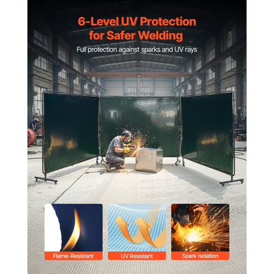 Οθόνη συγκόλλησης VEVOR με πλαίσιο, 3 πάνελ 1,74 x 2,34m, ανθεκτικές στη φλόγα οθόνες βινυλίου με 12 ρόδες και προστασία UV 6 επιπέδων για εργαστηριακή/βιομηχανική χρήση, σκούρο πράσινο