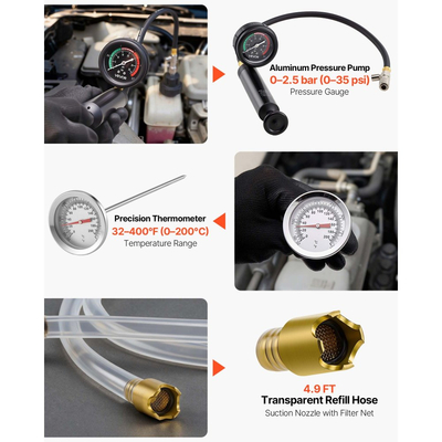 Κιτ δοκιμής πίεσης ψυκτικού VEVOR, κιτ αναπλήρωσης κενού ψυγείου 47 τεμαχίων με 3 μεταλλικούς προσαρμογείς, γενικής εφαρμογής, εργαλείο δοκιμής πίεσης συστήματος ψύξης αυτοκινήτου, με αντλία πίεσης και πλαστικό γέμισμα