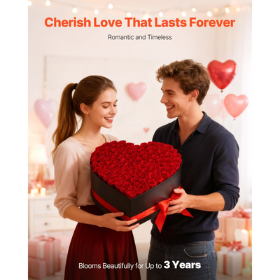 VEVOR Forever Flowers, 100 Διατηρημένα Τριαντάφυλλα σε Κουτί σε Σχήμα Καρδιάς, Αθάνατη Μπουκέτο με Αιώνια Λουλούδια, Δώρο Γενεθλίων για Γυναίκες, Συζύγους, Μητέρες, Επέτειος, Ημέρα του Αγίου Βαλεντίνου, Χριστούγεννα, Κόκκινο