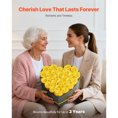 VEVOR Forever Flowers, 27 Διατηρημένα Τριαντάφυλλα σε Κουτί σε Σχήμα Καρδιάς, Αθάνατη Μπουκέτο με Αιώνια Λουλούδια, Δώρο Γενεθλίων για Γυναίκες, Συζύγους, Μητέρες, Επέτειος, Ημέρα του Αγίου Βαλεντίνου, Χριστούγεννα, Κίτρινο