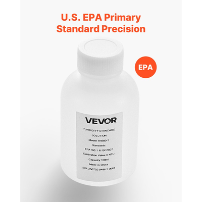 Διάλυμα βαθμονόμησης θολότητας VEVOR, 0 NTU, Χωρητικότητα 100 ml, Τυπικό ανταλλακτικό διαλύματος θολότητας για θολόμετρο, Μηδενική απόκλιση για σταθερή συγκέντρωση, Έτοιμο προς χρήση, για λευκό και κόκκινο φως