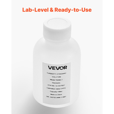 Διάλυμα βαθμονόμησης θολότητας VEVOR, 0 NTU, Χωρητικότητα 100 ml, Τυπικό ανταλλακτικό διαλύματος θολότητας για θολόμετρο, Μηδενική απόκλιση για σταθερή συγκέντρωση, Έτοιμο προς χρήση, για λευκό και κόκκινο φως