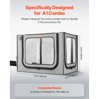 Θήκη VEVOR 3D εκτυπωτή με εξαερισμό, αδιάβροχη, μεγάλης κλίμακας, ανθεκτική στη σκόνη, από ύφασμα Oxford 600D, προστατευτική θήκη σταθερής θερμοκρασίας με LED, σχεδιασμένη για το Bambu Lab A1 Combo, γκρι