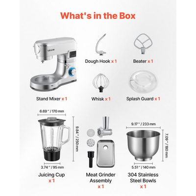 Μίξερ βάσης VEVOR, ηλεκτρικό μίξερ κουζίνας 5,7 L, μίξερ ζύμης 1500W, μίξερ τροφίμων με ανακλινόμενη κεφαλή 6+P ταχυτήτων με κύπελλο μπλέντερ 1,5 L, μπολ από ανοξείδωτο ατσάλι, γάντζος ζύμης, σύρμα, αναδευτήρας, για ψήσιμο, ανάμειξη, ασημί