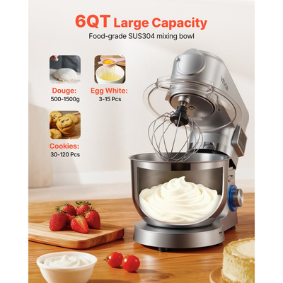 Μίξερ βάσης VEVOR, ηλεκτρικό μίξερ κουζίνας 5,7 L, μίξερ ζύμης 1500W, μίξερ τροφίμων με ανακλινόμενη κεφαλή 6+P ταχυτήτων με κύπελλο μπλέντερ 1,5 L, μπολ από ανοξείδωτο ατσάλι, γάντζος ζύμης, σύρμα, αναδευτήρας, για ψήσιμο, ανάμειξη, ασημί
