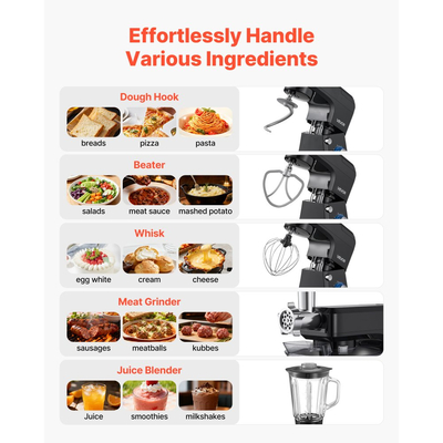 Μίξερ βάσης VEVOR, ηλεκτρικό μίξερ κουζίνας 7,8 L, μίξερ ζύμης 1500W, 6+ ταχύτητες P, ανακλινόμενο μίξερ τροφίμων με κύπελλο μπλέντερ 1,5 L, μπολ από ανοξείδωτο ατσάλι, γάντζος ζύμης, σύρμα, αναδευτήρας, για ψήσιμο, ανάμειξη, μαύρο
