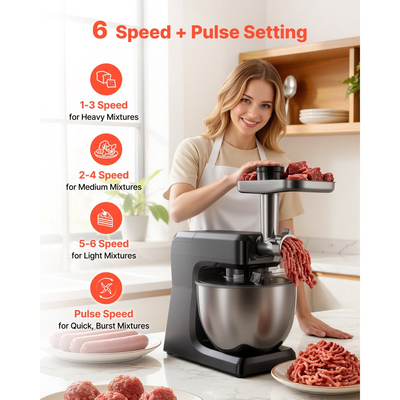 Μίξερ βάσης VEVOR, ηλεκτρικό μίξερ κουζίνας 7,8 L, μίξερ ζύμης 1500W, 6+ ταχύτητες P, ανακλινόμενο μίξερ τροφίμων με κύπελλο μπλέντερ 1,5 L, μπολ από ανοξείδωτο ατσάλι, γάντζος ζύμης, σύρμα, αναδευτήρας, για ψήσιμο, ανάμειξη, μαύρο