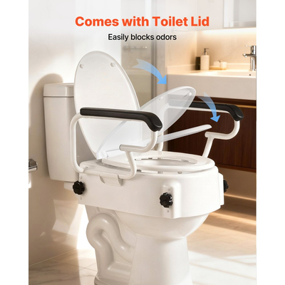 VEVOR Υπερυψωμένο Κάθισμα Λεκάνης με Μπράτσα, Χωρητικότητα Φόρτισης 136,1 kg, Ρυθμιζόμενο Ύψος 3 Επιπέδων, Διευρυμένο Ανυψούμενο Κάθισμα Λεκάνης με Επενδυμένες Λαβές για Ηλικιωμένους, Ηλικιωμένους, ΑΜΕΑ, ΑΜΕΑ, Ενήλικες