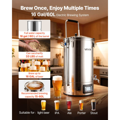 Ηλεκτρικό σύστημα ζυθοποίησης VEVOR, δοχείο ζυθοποίησης 16 γαλονιών/60 λίτρων, οικιακή ζυθοποιία μπύρας 3000W με δυνατότητα "όλα σε ένα" και μνήμη συνταγών, αυτόματη/χειροκίνητη λειτουργία, συσκευή βρασμού με πίνακα ελέγχου, θερμοκρασία 25-100℃ και χρονοδιακόπτη 1-180 λεπτών.