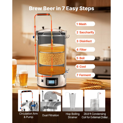 Ηλεκτρικό σύστημα ζυθοποίησης VEVOR, δοχείο ζυθοποίησης 16 γαλονιών/60 λίτρων, οικιακή ζυθοποιία μπύρας 3000W με δυνατότητα "όλα σε ένα" και μνήμη συνταγών, αυτόματη/χειροκίνητη λειτουργία, συσκευή βρασμού με πίνακα ελέγχου, θερμοκρασία 25-100℃ και χρονοδιακόπτη 1-180 λεπτών.