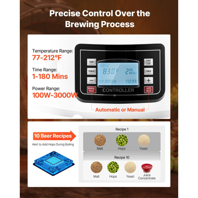 Ηλεκτρικό σύστημα ζυθοποίησης VEVOR, δοχείο ζυθοποίησης 16 γαλονιών/60 λίτρων, οικιακή ζυθοποιία μπύρας 3000W με δυνατότητα "όλα σε ένα" και μνήμη συνταγών, αυτόματη/χειροκίνητη λειτουργία, συσκευή βρασμού με πίνακα ελέγχου, θερμοκρασία 25-100℃ και χρονοδιακόπτη 1-180 λεπτών.