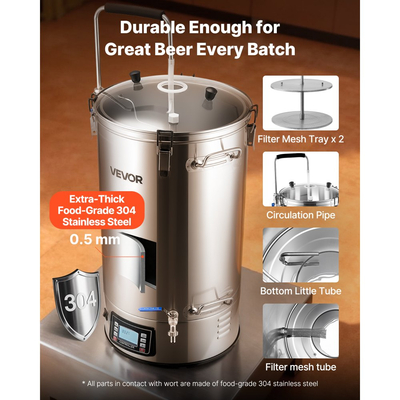Ηλεκτρικό σύστημα ζυθοποίησης VEVOR, δοχείο ζυθοποίησης 16 γαλονιών/60 λίτρων, οικιακή ζυθοποιία μπύρας 3000W με δυνατότητα "όλα σε ένα" και μνήμη συνταγών, αυτόματη/χειροκίνητη λειτουργία, συσκευή βρασμού με πίνακα ελέγχου, θερμοκρασία 25-100℃ και χρονοδιακόπτη 1-180 λεπτών.