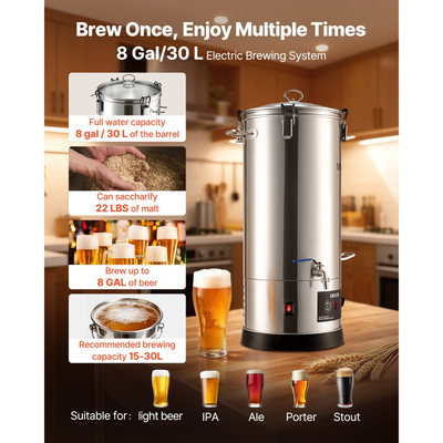 Ηλεκτρικό σύστημα ζυθοποίησης VEVOR, οικιακή μηχανή ζυθοποίησης μπύρας 8 γαλονιών/30 λίτρων, σώμα από ανοξείδωτο ατσάλι 304, συσκευή βρασμού με ενσωματωμένο εσωτερικό βαρέλι και ενισχυμένη λαβή, θερμοκρασία 25-100℃