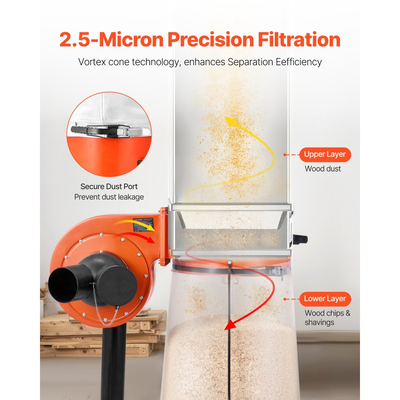 Συλλέκτης σκόνης VEVOR, Συλλέκτες σκόνης κώνου Vortex 800 CFM 2,5 Micron, Σύστημα συλλογής πριονιδιού 1HP με σακούλα συλλογής σκόνης 60L, σακούλα φίλτρου και ροδάκια, υψηλής ταχύτητας 2800 RPM, για ξυλουργική