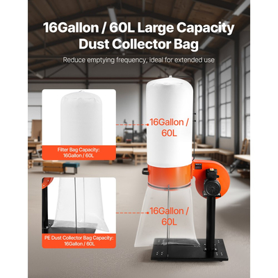 Συλλέκτης σκόνης VEVOR, Συλλέκτες σκόνης κώνου Vortex 800 CFM 2,5 Micron, Σύστημα συλλογής πριονιδιού 1HP με σακούλα συλλογής σκόνης 60L, σακούλα φίλτρου και ροδάκια, υψηλής ταχύτητας 2800 RPM, για ξυλουργική