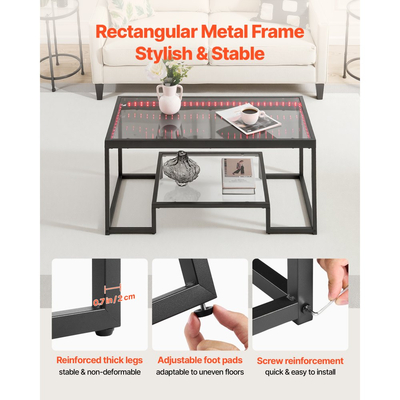 Τραπεζάκι σαλονιού VEVOR, Μοντέρνο τραπεζάκι σαλονιού από σκληρυμένο γυαλί με φωτισμό, Ορθογώνιο κεντρικό γραφείο 2 επιπέδων από γυαλί με ανοιχτό αποθηκευτικό χώρο, Μινιμαλιστικό μεταλλικό γραφείο με διακοσμητική διακόσμηση για σαλόνι, Γραφείο, Εύκολη συναρμολόγηση