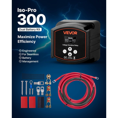 Κιτ διπλής απομόνωσης μπαταρίας VEVOR, 12V 300 Amp, χειροκίνητο και αυτόματο ρελέ VSR ευαίσθητο στην τάση με βολτόμετρο, οθόνη LCD, έξυπνος απομονωτής μπαταρίας, συμβατό με μπαταρίες μολύβδου-οξέος, για UTV, ATV