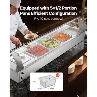 Θερμαντήρας φαγητού VEVOR Επαγγελματικός, Ηλεκτρικός θερμαντήρας φαγητού ατμού από ανοξείδωτο ατσάλι 1500W με γυάλινο κάλυμμα, Μπεν Μαρί για μπουφέ με πέντε ταψιά φαγητού 1/2 μεγέθους, για Catering, εστιατόριο, πάρτι και μπουφέδες