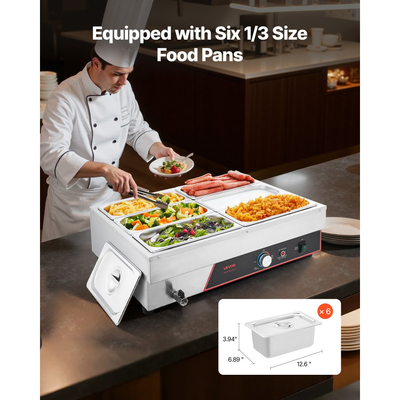 Θερμαντήρας φαγητού VEVOR Επαγγελματικός, Ηλεκτρικός θερμαντήρας φαγητού με ατμό από ανοξείδωτο ατσάλι 1500W με καπάκι, Μπεν Μαρί μπουφέ 6 θέσεων με γρήγορη θέρμανση και καλώδιο τροφοδοσίας, για Catering, εστιατόριο, πάρτι και μπουφέδες
