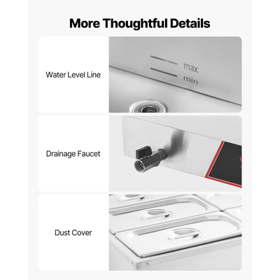 Θερμαντήρας φαγητού VEVOR Επαγγελματικός, Ηλεκτρικός θερμαντήρας φαγητού με ατμό από ανοξείδωτο ατσάλι 1500W με καπάκι, Μπεν Μαρί μπουφέ 6 θέσεων με γρήγορη θέρμανση και καλώδιο τροφοδοσίας, για Catering, εστιατόριο, πάρτι και μπουφέδες