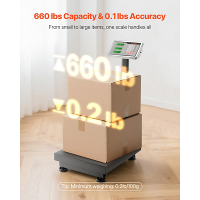 Ψηφιακή ζυγαριά πλατφόρμας VEVOR Computing, φορτίο 300 kg, υψηλή ακρίβεια 50 g, ηλεκτρονική ζυγαριά δαπέδου με LB/KG, απόβαρο, υπολογιστική τιμή, τροφοδοτικό AC/DC, κατάλληλο για αποσκευές, αποστολή, δέματα, έξοδα αποστολής
