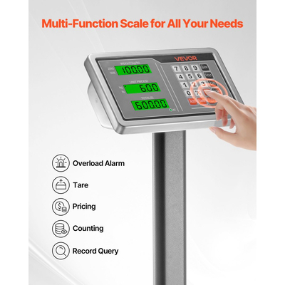 Ψηφιακή ζυγαριά πλατφόρμας VEVOR Computing, φορτίο 300 kg, υψηλή ακρίβεια 50 g, ηλεκτρονική ζυγαριά δαπέδου με LB/KG, απόβαρο, υπολογιστική τιμή, τροφοδοτικό AC/DC, κατάλληλο για αποσκευές, αποστολή, δέματα, έξοδα αποστολής