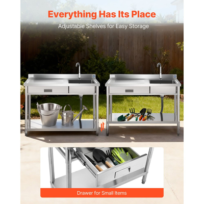 Νιπτήρας κουζίνας VEVOR από ανοξείδωτο χάλυβα, κυλιόμενος μονός νιπτήρας κουζίνας με συρτάρι, βρύση και σωλήνα ζεστού και κρύου νερού, νιπτήρας γενικής χρήσης για γκαράζ, εστιατόριο, πλυντήριο, 1200 x 500 x 940 mm