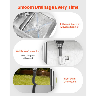 Νιπτήρας κουζίνας VEVOR από ανοξείδωτο χάλυβα, κυλιόμενος μονός νιπτήρας κουζίνας με συρτάρι, βρύση και σωλήνα ζεστού και κρύου νερού, νιπτήρας γενικής χρήσης για γκαράζ, εστιατόριο, πλυντήριο, 1200 x 500 x 940 mm