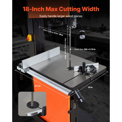 Πριονοκορδέλα VEVOR για ξυλουργική, 457 mm, Πριονοκορδέλα με κινητήρα 2240W 3HP, μέγιστο ύψος κοπής 406 mm, τραπέζι από χυτοσίδηρο 690 x 510 mm, με φως εργασίας 360°, μετρητή γωνιακής κλίσης, περίφραξη, πριονοκορδέλα για ξυλουργική