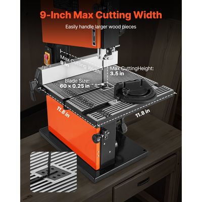 Πριονοκορδέλα VEVOR, 229 mm, Πριονοκορδέλα πάγκου για ξυλουργική με κινητήρα 373W 1/2 HP, μέγιστο ύψος κοπής 90 mm, τραπέζι από χυτό αλουμίνιο 300 x 300 mm, εύρος κλίσης 0-45°, με μετρητή γωνιακής κλίσης, περίφραξη, για ξυλουργική