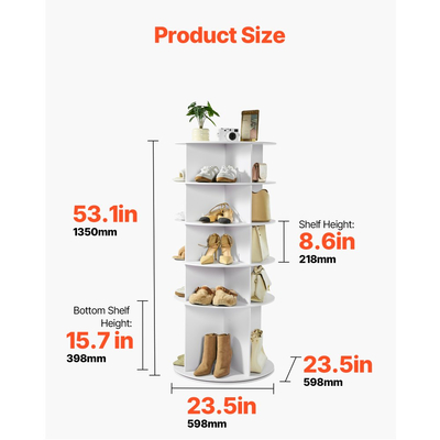 VEVOR 5 επιπέδων περιστρεφόμενος πύργος παπουτσιών, περιστρεφόμενη παπουτσοθήκη 360°, περιστρεφόμενη στρογγυλή καρουζέλ αποθήκευσης, ανεξάρτητη οργανωτική βιτρίνα Lazy Susan για υπνοδωμάτιο, σαλόνι, είσοδο, ντουλάπα, λευκό