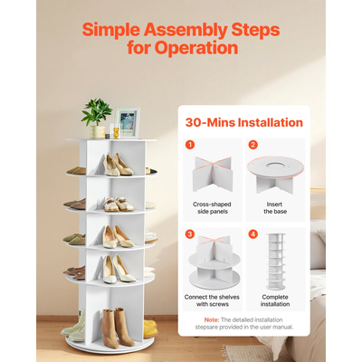 VEVOR 5 επιπέδων περιστρεφόμενος πύργος παπουτσιών, περιστρεφόμενη παπουτσοθήκη 360°, περιστρεφόμενη στρογγυλή καρουζέλ αποθήκευσης, ανεξάρτητη οργανωτική βιτρίνα Lazy Susan για υπνοδωμάτιο, σαλόνι, είσοδο, ντουλάπα, λευκό