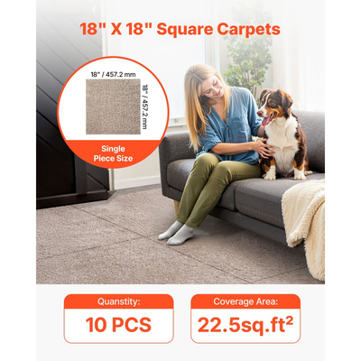 Πλακάκια χαλιού VEVOR 457x457 mm, Τετράγωνο χαλί 10 τετράγωνων τετράγωνων χαλιών, αποσπώμενο και χωρίς φθορές, αυτοκόλλητο δάπεδο σπιτιού με μαλακή επένδυση για κάλυψη 2,1㎡, εύκολο DIY για σαλόνι και υπνοδωμάτιο, ανοιχτό καφέ