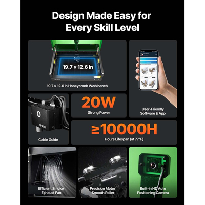 Χαρακτήρας λέιζερ VEVOR, 20W, Μηχανή χάραξης και κοπής λέιζερ με κάμερα περιβλήματος, Κόφτης λέιζερ, 36000 mm/min, Επιφάνεια εργασίας 500 x 320 mm, για ξύλο, δέρμα, γυαλί, χαρτί, ορισμένα μέταλλα, Κλάση 1