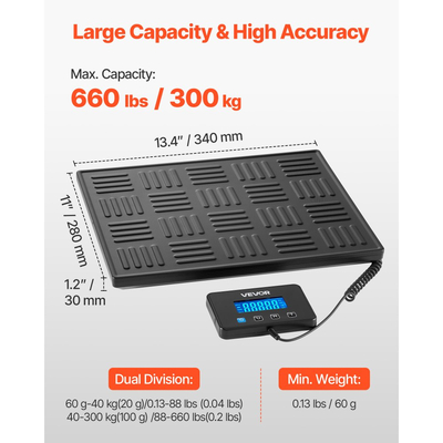 Ψηφιακή ζυγαριά VEVOR, διπλής ακρίβειας 20 g/100 g, επαγγελματική ζυγαριά βάρους 300 kg με λειτουργία συγκράτησης/απόβαρου και οθόνη LCD, κατάλληλη για δέματα, γραμματόσημα, αποσκευές, μπαταρία και καλώδιο φόρτισης.