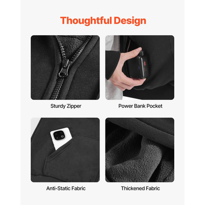 Θερμαινόμενο Φούτερ VEVOR για Άνδρες και Γυναίκες, Θερμαινόμενο Φούτερ Unisex με Φερμουάρ και Μπαταρία 7.4V 16000mAh, 5 Ζώνες Θέρμανσης, 3 Επίπεδα Θερμοκρασίας, Ζεστασιά 4-8 ωρών, για Χειμερινή Κατασκήνωση σε Εξωτερικό Χώρο, Μαύρο