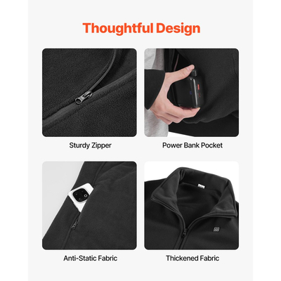 Θερμαινόμενο μπουφάν VEVOR από φλις για γυναίκες, θερμαινόμενο φούτερ με επαναφορτιζόμενο Power Bank 7.4V 16000mAh, 6 ζώνες θέρμανσης, 3 επίπεδα θερμοκρασίας, ζεστασιά 3 ώρες/6 ώρες/10 ώρες, για χειμερινή κατασκήνωση σε εξωτερικούς χώρους, μαύρο