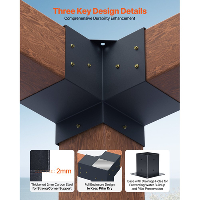 Κιτ βάσης πέργκολας VEVOR, 4x4 ίντσες (εσωτερικό μέγεθος 92 x 92 mm), 4 τεμάχια 3-way βαρέως τύπου γωνιακή βάση, κιτ βάσης στύλου DIY από ξύλο, εύκολη εγκατάσταση ξύλινων δοκών για κιόσκια, πέργκολες βεράντας, ξύλινη καμπίνα