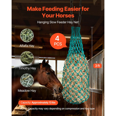 Δίχτυα σανού VEVOR για άλογα, 4 τεμάχια, εκτεταμένο μήκος 0,9 m, τρύπες 38 x 38 mm, υλικό PE, με τέσσερις γάντζους καραμπίνερ, κρεμαστά δίχτυα σανού αργής τροφοδοσίας για άλογα, πρόβατα, βοοειδή, αλπακά και ζώα.