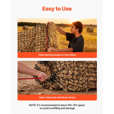 Δίχτυ σανού στρογγυλής μπάλας VEVOR, 1,5 x 1,5 x 1,5 m, τρύπες 44,45 x 44,45 mm, υλικό PE, ενισχυμένος σχεδιασμός με κόμπους, με φερμουάρ, μεταφορά βελόνας και σπάγκο επισκευής, δίχτυ στρογγυλής μπάλας αργής τροφοδοσίας για άλογα