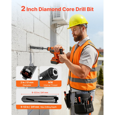 Τρυπάνι VEVOR Core, Διάμετρος 51 mm, Βάθος τρυπήματος 241 mm, Εσωτερικό σπείρωμα M16, Διαμαντένιο τρυπάνι ξηρής διάτρησης με 3 προσαρμογείς, Πιλοτικό τρυπάνι και Εξαγωνικό κλειδί, για οπλισμένο σκυρόδεμα, κόκκινα τούβλα και τοιχοποιία