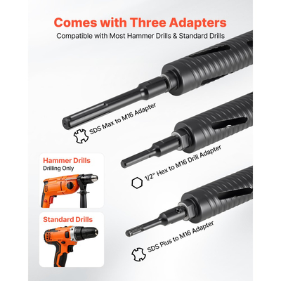 Τρυπάνι VEVOR Core, Διάμετρος 51 mm, Βάθος τρυπήματος 241 mm, Εσωτερικό σπείρωμα M16, Διαμαντένιο τρυπάνι ξηρής διάτρησης με 3 προσαρμογείς, Πιλοτικό τρυπάνι και Εξαγωνικό κλειδί, για οπλισμένο σκυρόδεμα, κόκκινα τούβλα και τοιχοποιία