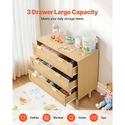 Συρταριέρα VEVOR με 3 συρτάρια από ρατάν, Μοντέρνα συρταριέρα με ντουλάπα για υπνοδωμάτιο, Συρταριέρα από φυσικό ρατάν με μεταλλικές λαβές και ξύλινα πόδια, Οργάνωση ρούχων και αποθήκευση για υπνοδωμάτιο, σαλόνι, διάδρομο