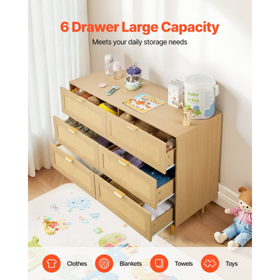 VEVOR Συρταριέρα με 6 συρτάρια από ρατάν, Διπλή συρταριέρα για υπνοδωμάτιο, Συρταριέρα από φυσικό ρατάν με μεταλλικές λαβές και πόδια, Μοντέρνα ξύλινη συρταριέρα οργάνωσης ρούχων και αποθήκευσης για υπνοδωμάτιο, σαλόνι, διάδρομο