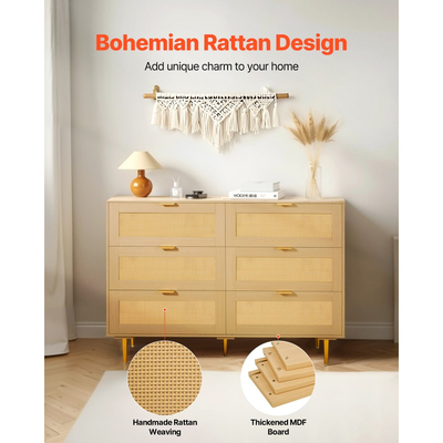 VEVOR Συρταριέρα με 6 συρτάρια από ρατάν, Διπλή συρταριέρα για υπνοδωμάτιο, Συρταριέρα από φυσικό ρατάν με μεταλλικές λαβές και πόδια, Μοντέρνα ξύλινη συρταριέρα οργάνωσης ρούχων και αποθήκευσης για υπνοδωμάτιο, σαλόνι, διάδρομο