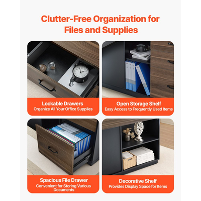 Γραφείο VEVOR σε σχήμα L, Μεγάλο μοντέρνο τραπέζι γραφείου με συρτάρια και ντουλάπι αποθήκευσης, Βαρέως τύπου ξύλινο τραπέζι γραφείων, Χωρητικότητα φορτίου 158,7 kg, Εύκολη συναρμολόγηση, για συγγραφή εργασιών και μελέτης, Καφέ+Μαύρο