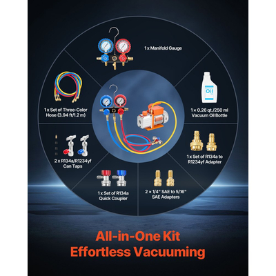 Σετ αντλίας κενού και μετρητή VEVOR AC, 4,5 CFM 127 L/min, Μονοβάθμια αντλία κενού HVAC με περιστροφικό πτερύγιο, Κιτ μετρητή πολλαπλής εισαγωγής, για R134a R22 R410a R1234YF R32, με τσάντα μεταφοράς, για αυτόματο κλιματισμό HVAC