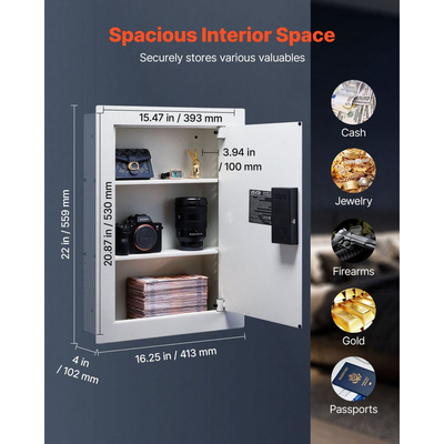 Χρηματοκιβώτιο τοίχου VEVOR 0,83 τ.μ., κρυφό χρηματοκιβώτιο τοίχου 3 επιπέδων με κωδικό πρόσβασης, κλειδί και περιστρεφόμενο κουμπί, κουτί εντοιχισμού από χάλυβα ψυχρής έλασης Q235 με ρυθμιζόμενα ράφια και οπές στερέωσης για χρήματα, κοσμήματα, διαβατήριο, λευκό