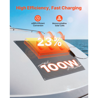 Εύκαμπτο ηλιακό πάνελ VEVOR, ημιεύκαμπτο εύκαμπτο μονοκρυσταλλικό ηλιακό πάνελ 100W, μονοφωνικός φορτιστής αυτόνομου δικτύου με απόδοση 23% και έξοδο MC4, αδιάβροχο IP67 για καμπύλες επιφάνειες καμπίνας θαλάσσιων τροχόσπιτων